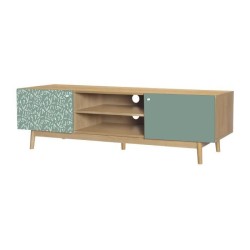 Meuble TV 2 portes - Décor Chene et vert - Pieds bois massif - L 160 x P 45 x H 45 cm - GARDENIA