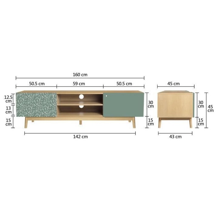 Meuble TV 2 portes - Décor Chene et vert - Pieds bois massif - L 160