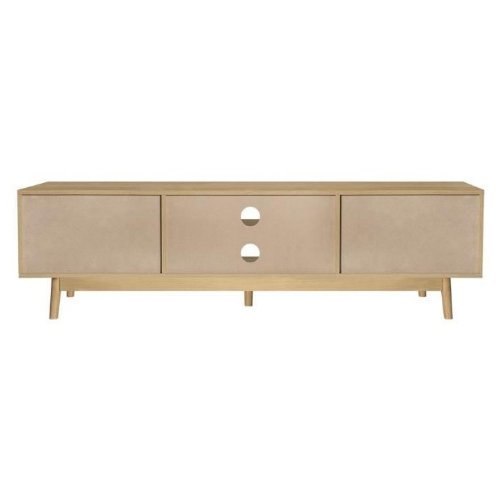 Meuble TV 2 portes - Décor Chene et vert - Pieds bois massif - L 160