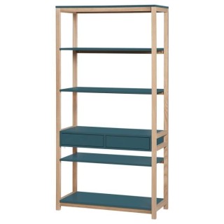 Bibliotheque 2 tiroirs - Bleu et Bois - L 80 x P 35 x H 160 cm - ANKAR