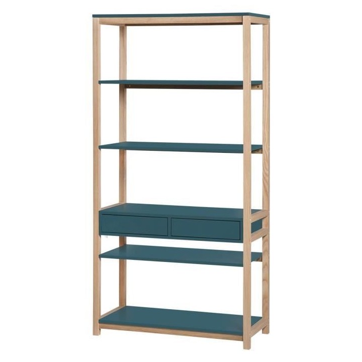 Bibliotheque 2 tiroirs - Bleu et Bois - L 80 x P 35 x H 160 cm - ANKAR