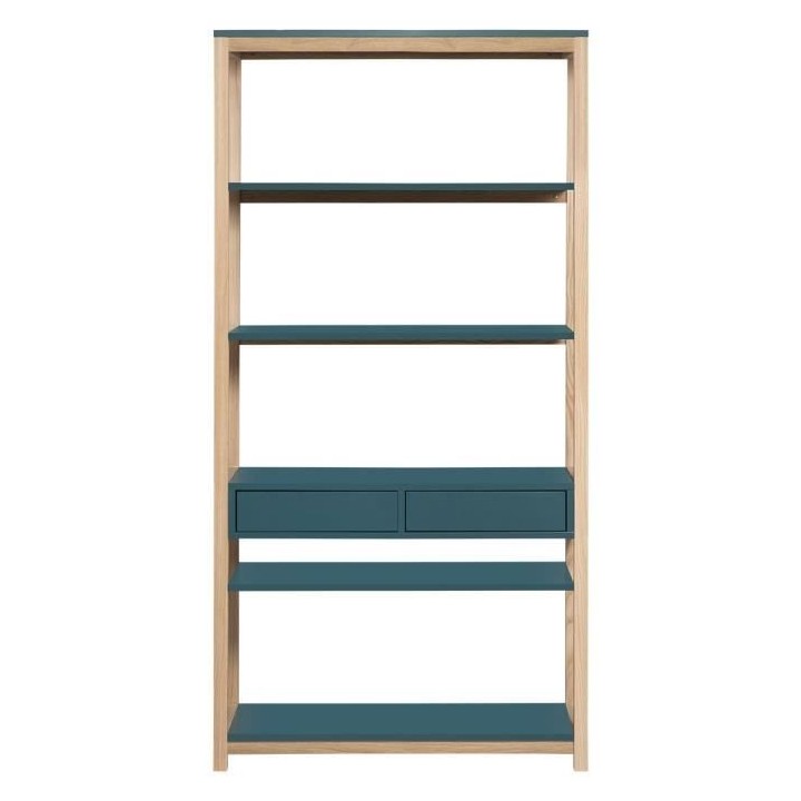 Bibliotheque 2 tiroirs - Bleu et Bois - L 80 x P 35 x H 160 cm - ANKAR
