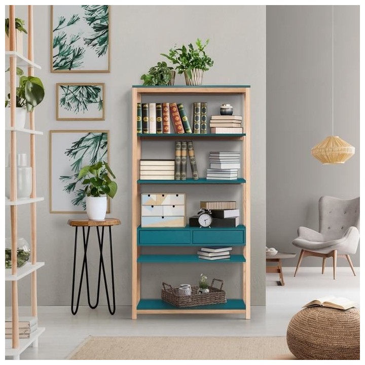 Bibliotheque 2 tiroirs - Bleu et Bois - L 80 x P 35 x H 160 cm - ANKAR