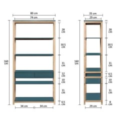 Bibliotheque 2 tiroirs - Bleu et Bois - L 80 x P 35 x H 160 cm - ANKARA