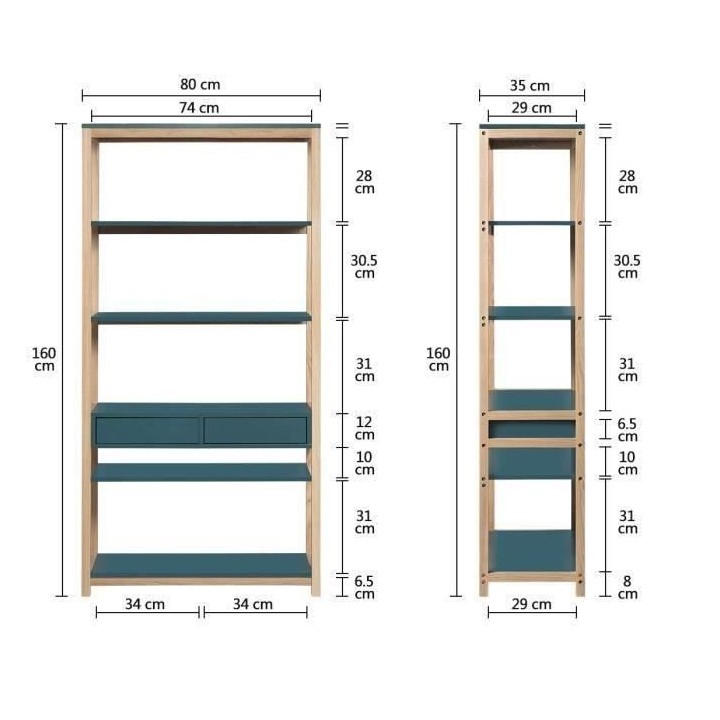 Bibliotheque 2 tiroirs - Bleu et Bois - L 80 x P 35 x H 160 cm - ANKAR