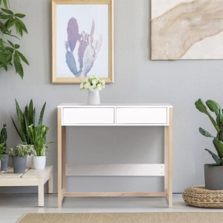 Console 2 tiroirs - Plaquée en bois de frene et blanc - L 76 x P 48 x
