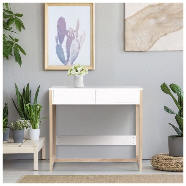 Console 2 tiroirs - Plaquée en bois de frene et blanc - L 76 x P 48 x