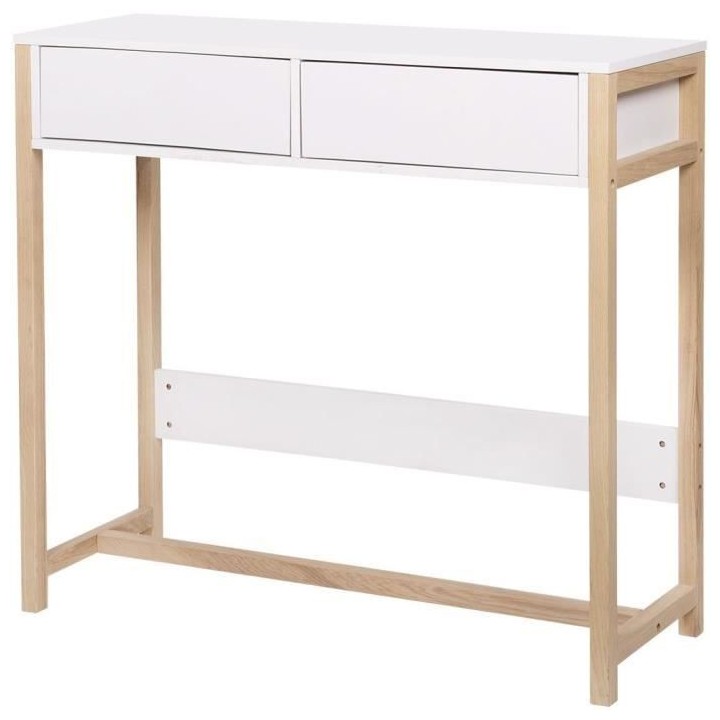 Console 2 tiroirs - Plaquée en bois de frene et blanc - L 76 x P 48 x