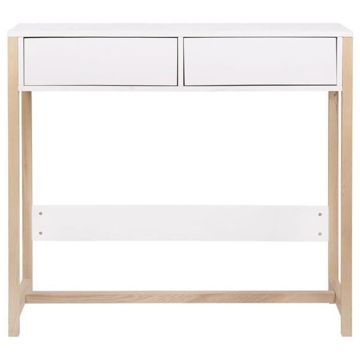 Console 2 tiroirs - Plaquée en bois de frene et blanc - L 76 x P 48 x