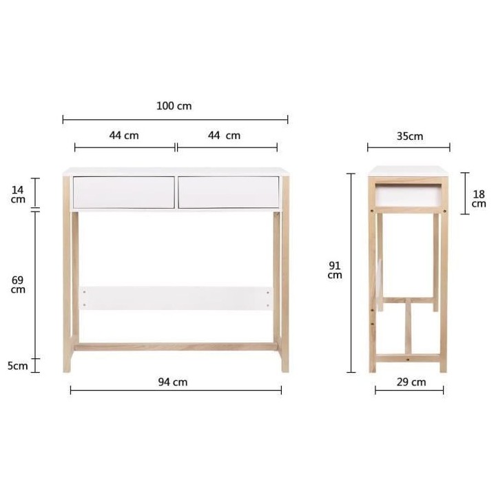 Console 2 tiroirs - Plaquée en bois de frene et blanc - L 76 x P 48 x