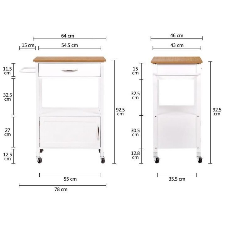 Desserte de cuisine 1 porte 1 tiroir - Blanc laqué - L 64 x P 46 x H