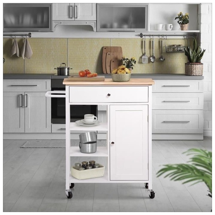 Desserte de cuisine 1 porte 1 tiroir en hévéa - Laqué Blanc - L 66,