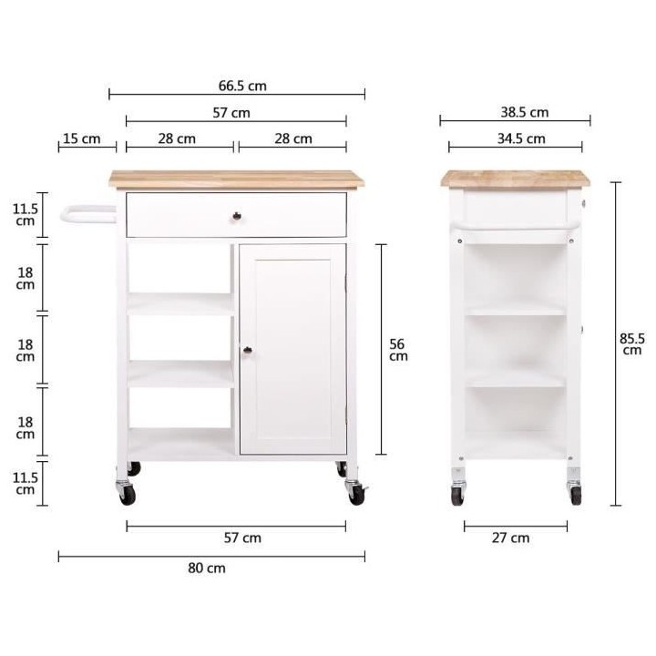Desserte de cuisine 1 porte 1 tiroir en hévéa - Laqué Blanc - L 66,