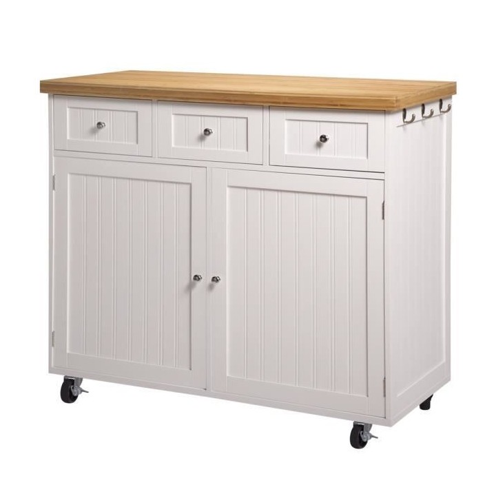 YOYO Desserte de cuisine 2 portes 3 tiroirs - Blanc et bois naturel -