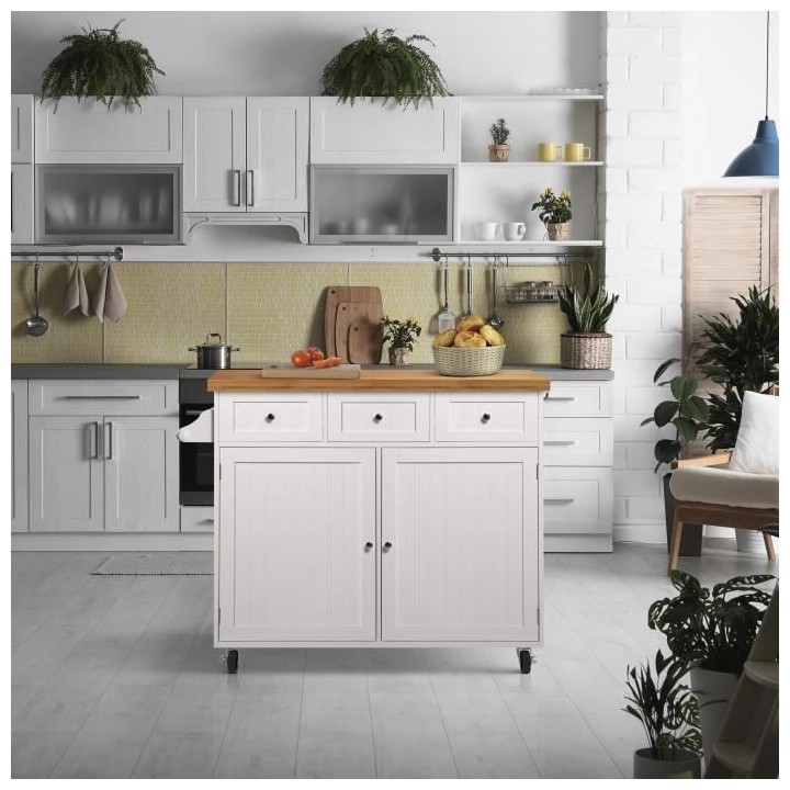 YOYO Desserte de cuisine 2 portes 3 tiroirs - Blanc et bois naturel -