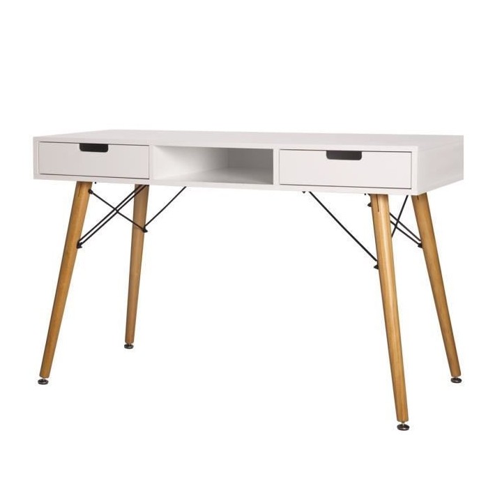 Bureau TWIN - MDF - Blanc - Pieds en bois - 2 Tiroirs - L 120 x P 55 x