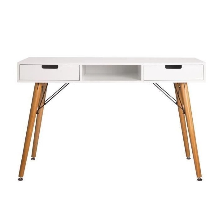 Bureau TWIN - MDF - Blanc - Pieds en bois - 2 Tiroirs - L 120 x P 55 x