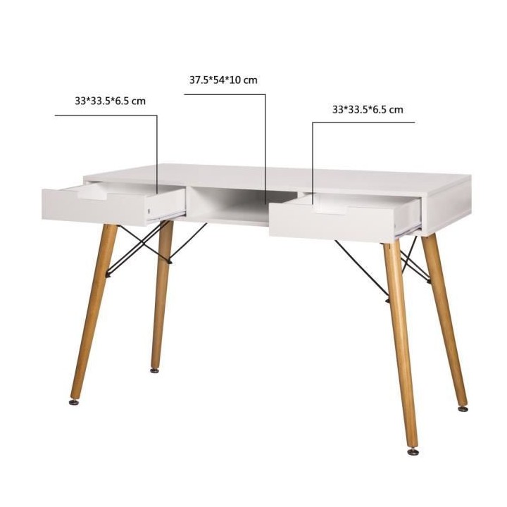 Bureau TWIN - MDF - Blanc - Pieds en bois - 2 Tiroirs - L 120 x P 55 x