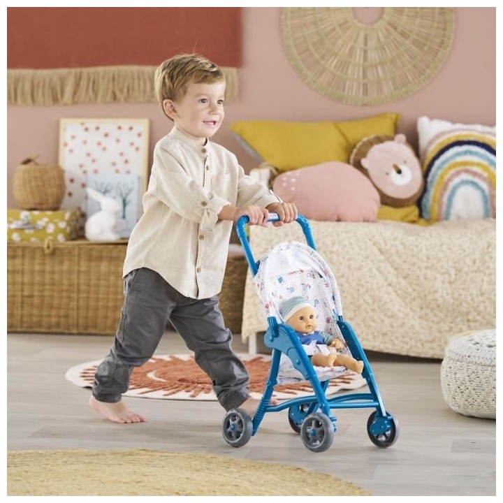 Poussette oursons - COROLLE - Accessoire Poupon 30cm - Bleu - Légere