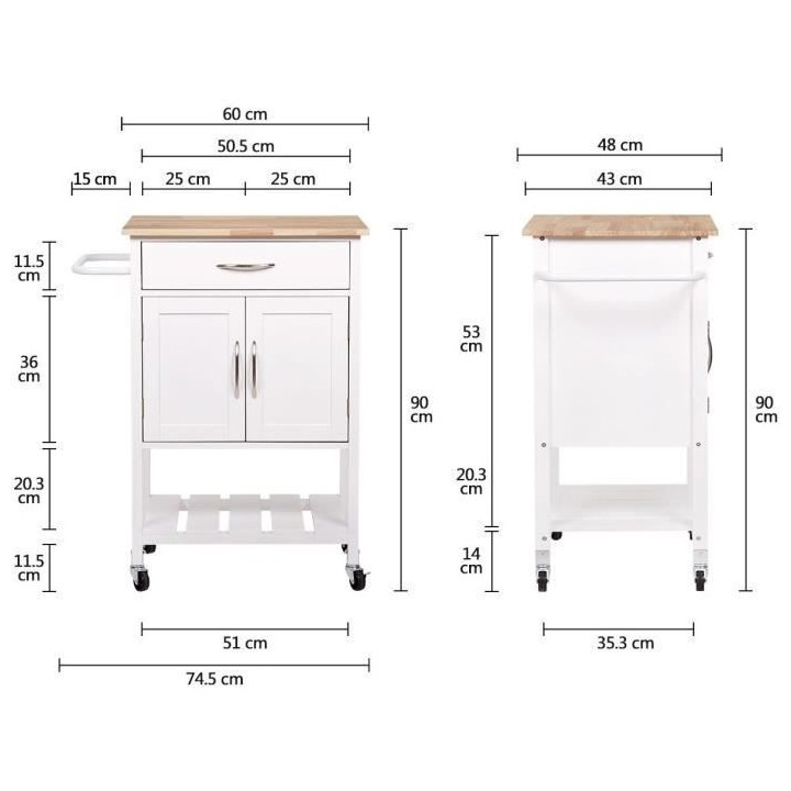 Desserte de cuisine 2 portes 1 tiroir en hévéa - Blanc laqué - L 60
