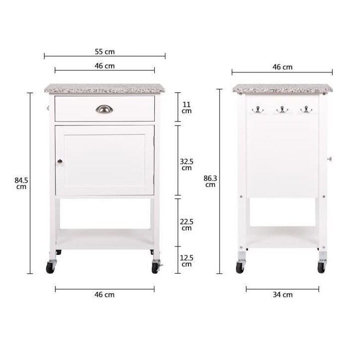 Desserte de cuisine 1 porte 1 tiroir - Blanc laqué - L 55 x P 45,5 x