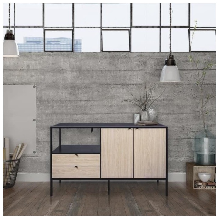 Buffet MINSK - Bois et métal - Imitation bois - 2 portes 2 tiroirs -