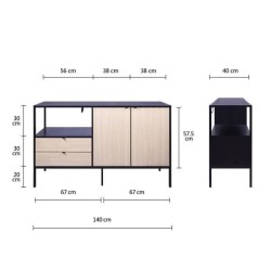 Buffet MINSK - Bois et métal - Imitation bois - 2 portes 2 tiroirs - L 140 x P 40 x H 80 cm