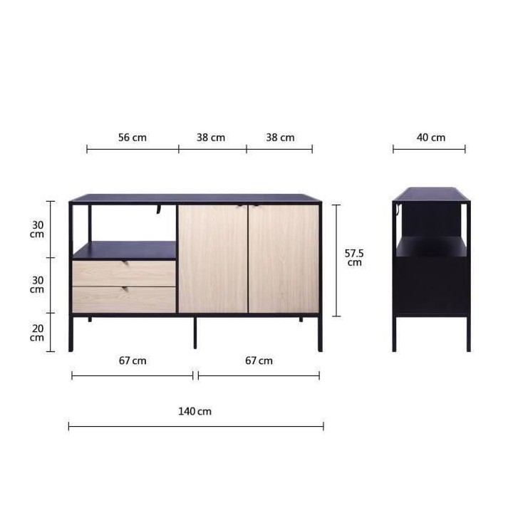 Buffet MINSK - Bois et métal - Imitation bois - 2 portes 2 tiroirs -