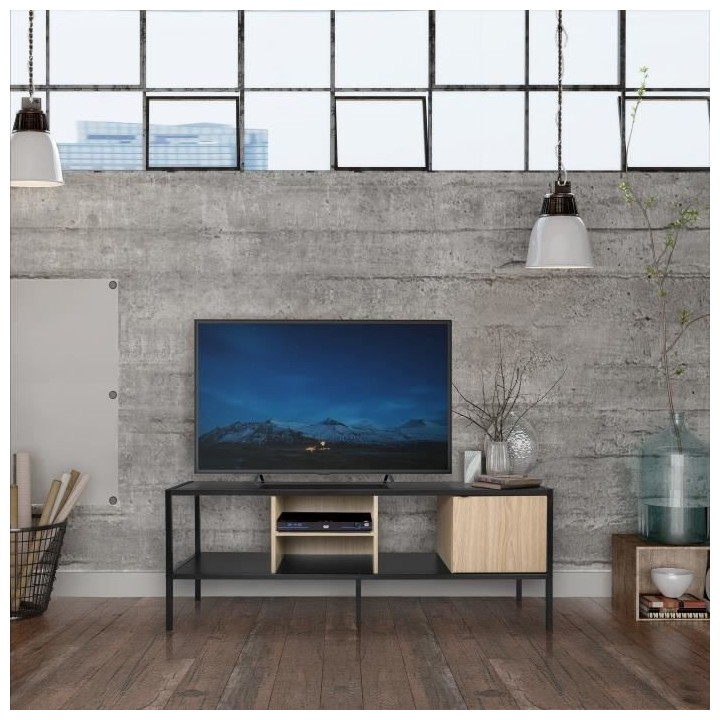 Meuble TV 1 porte - Métal et bois - L 140 x P 40 x H 50 cm - MINSK