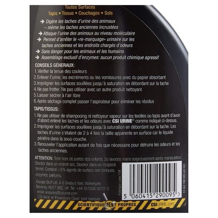 Spray anti odeur et anti tâches CSI URINE - Multi Animaux - 500ml