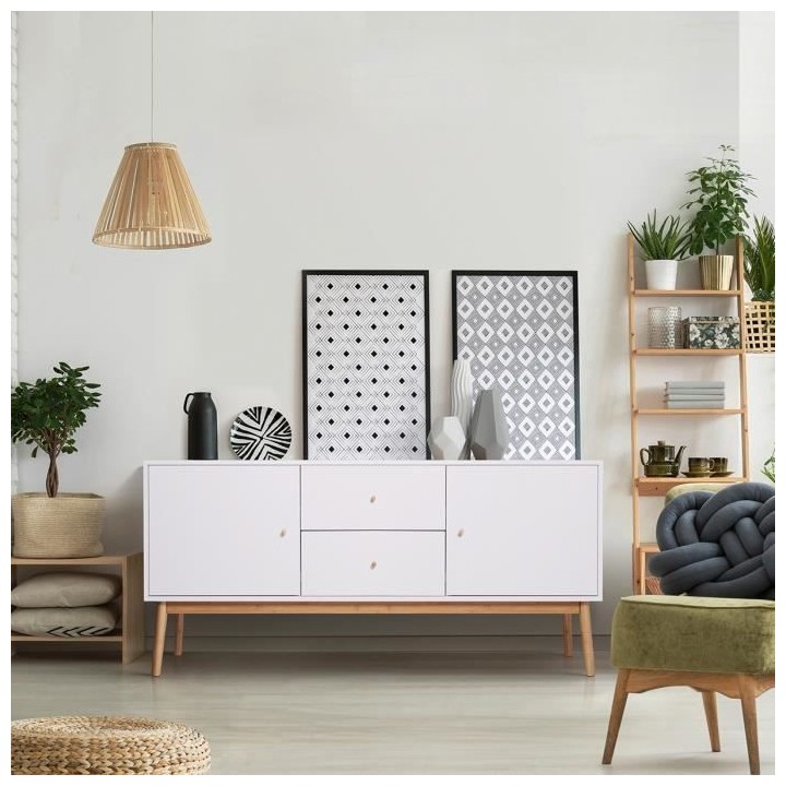 HOKKAIDO Buffet 2 portes 2 tiroirs - Blanc - L 150 x P 42 x H 71 cm