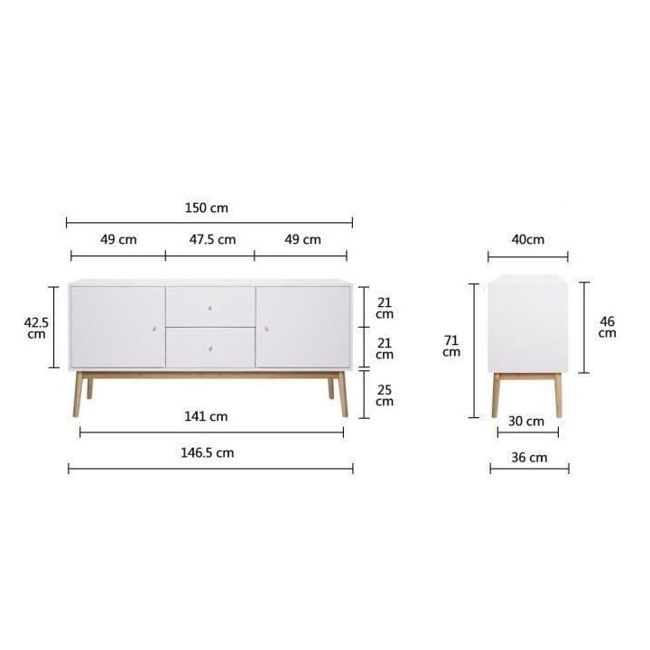 HOKKAIDO Buffet 2 portes 2 tiroirs - Blanc - L 150 x P 42 x H 71 cm