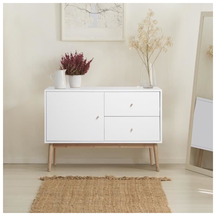 Meuble de Rangement - Blanc - 1 porte + 2 tiroirs - HOKKAIDO - L 101 x