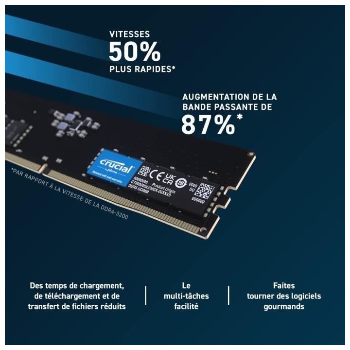 Mémoire RAM - CRUCIAL - Kit DDR5-4800 UDIMM - 64 Go : 2x32 Go (CT2K32