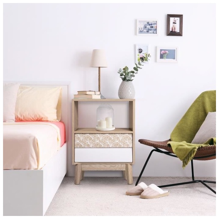 SOFIA Chevet haut 2 tiroirs - Bois avec motif - L 45 x P 30 x H 65 cm