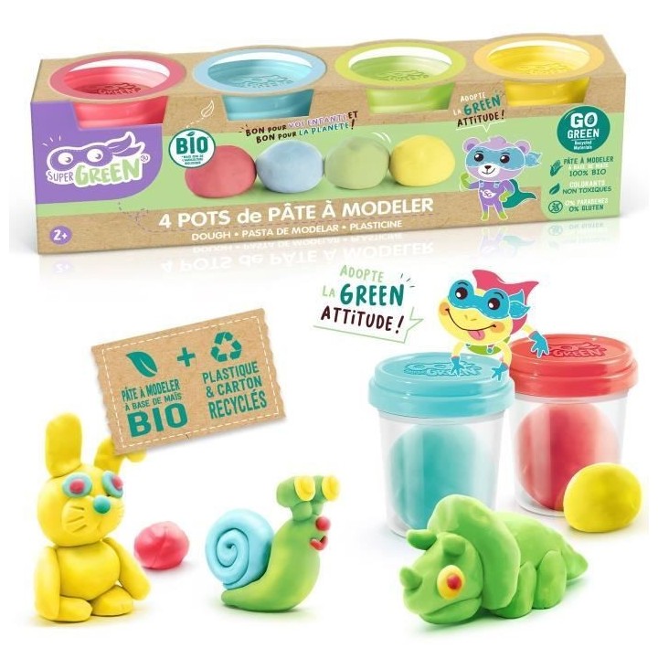 Kit de 4 pots de pâte a modeler bio - CANAL TOYS Super Green - Sans g