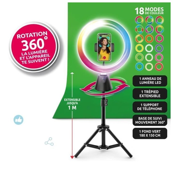 Kit de création vidéo avec rotation 360° et anneau lumineux LED mul