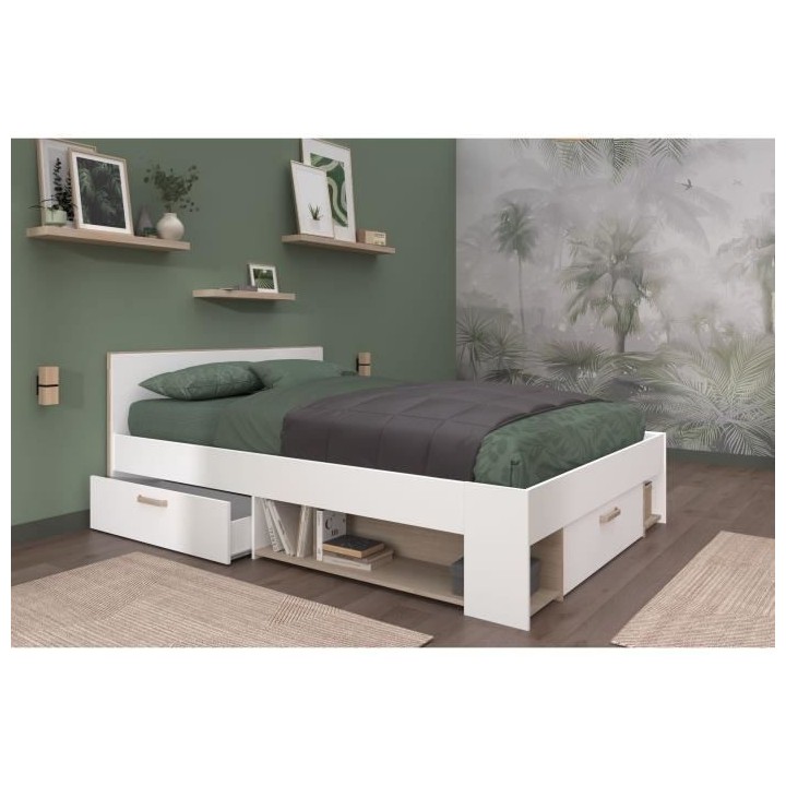 Lit adulte DREAM 140 x 190/200 cm - 3 tiroirs - Décor blanc et chene