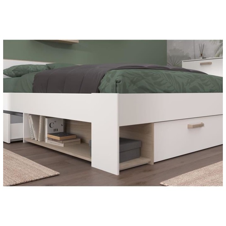 Lit adulte DREAM 140 x 190/200 cm - 3 tiroirs - Décor blanc et chene