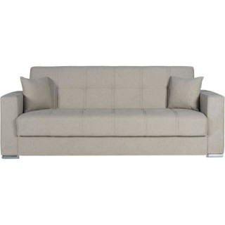 Canapé convertible 3 places - ALBA - Tissu beige - 2 coussins - Coffr