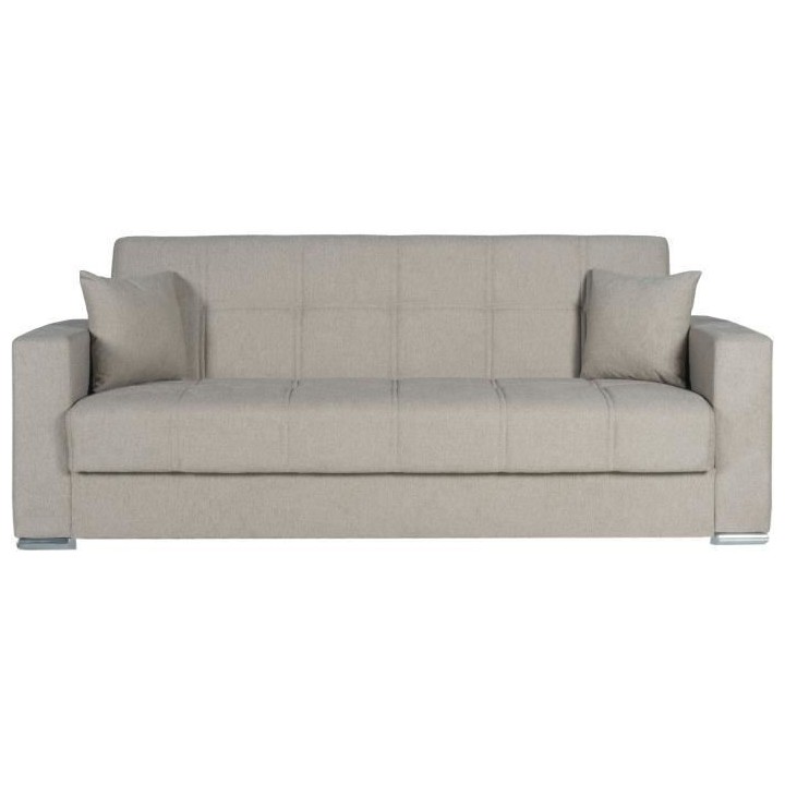 Canapé convertible 3 places - ALBA - Tissu beige - 2 coussins - Coffr