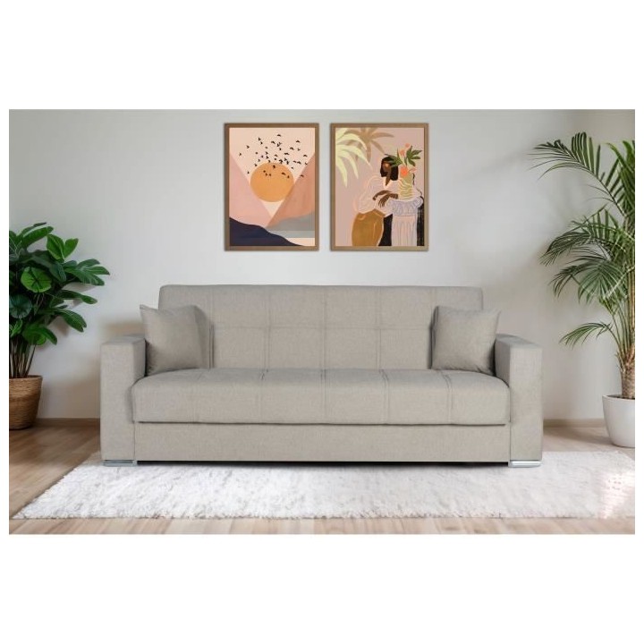 Canapé convertible 3 places - ALBA - Tissu beige - 2 coussins - Coffr