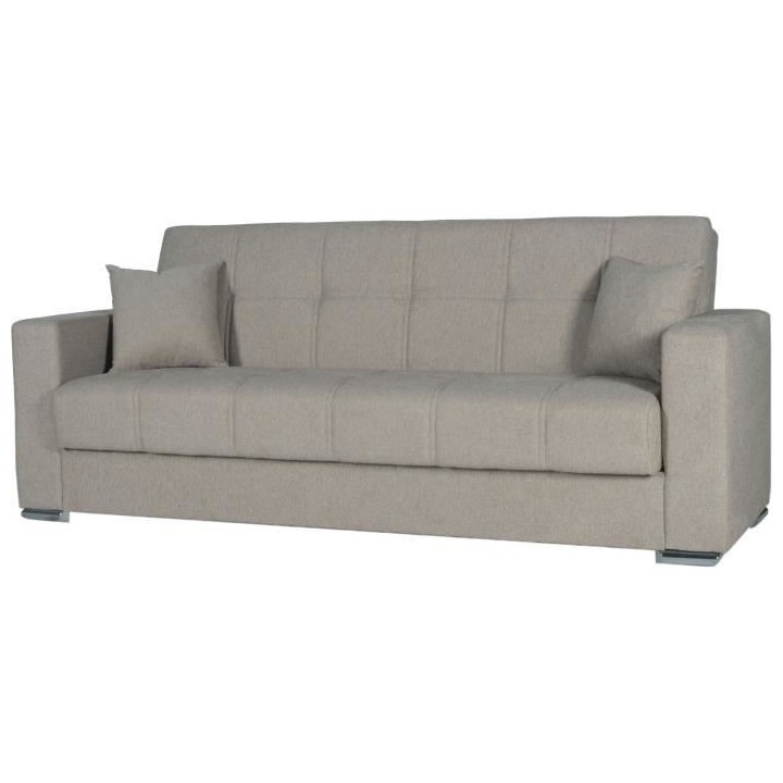 Canapé convertible 3 places - ALBA - Tissu beige - 2 coussins - Coffr