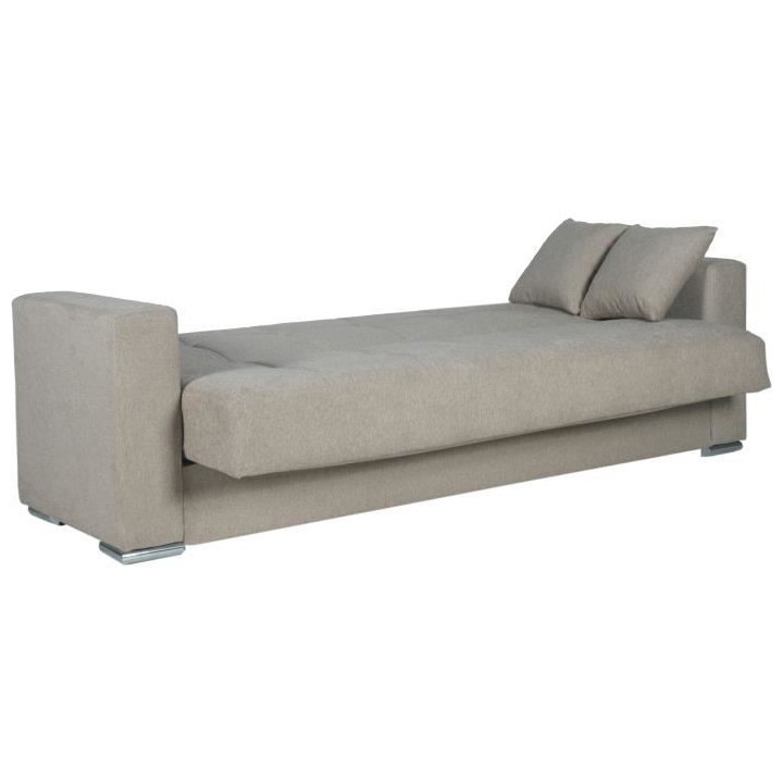 Canapé convertible 3 places - ALBA - Tissu beige - 2 coussins - Coffr