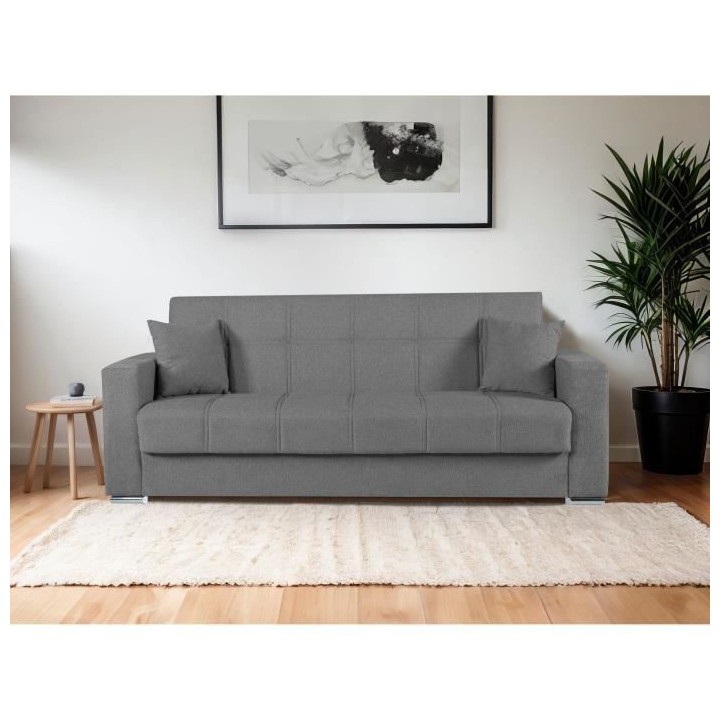 Canapé convertible 3 places - ALBA - Tissu gris foncé - 2 coussins -