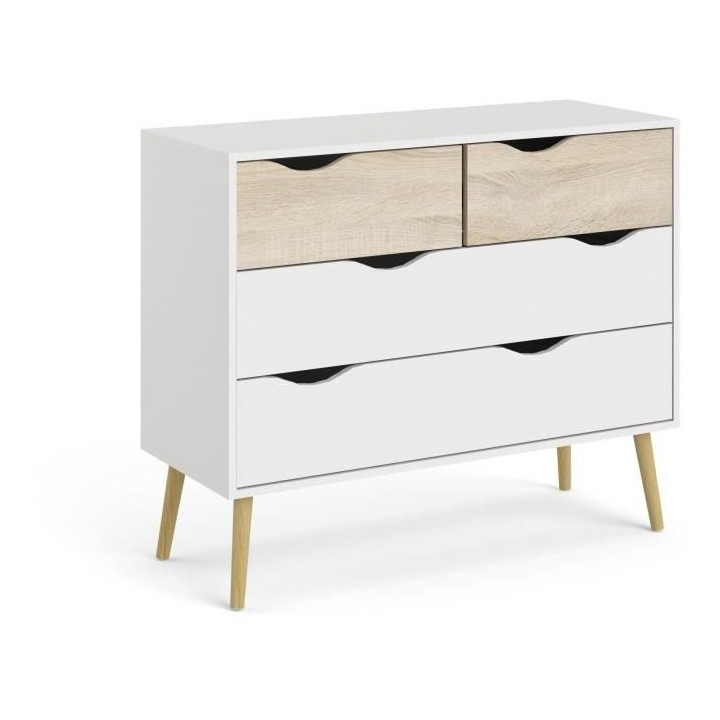 Commode 4 tiroirs - Blanc / Chene - Pietement évasé en bois massif -