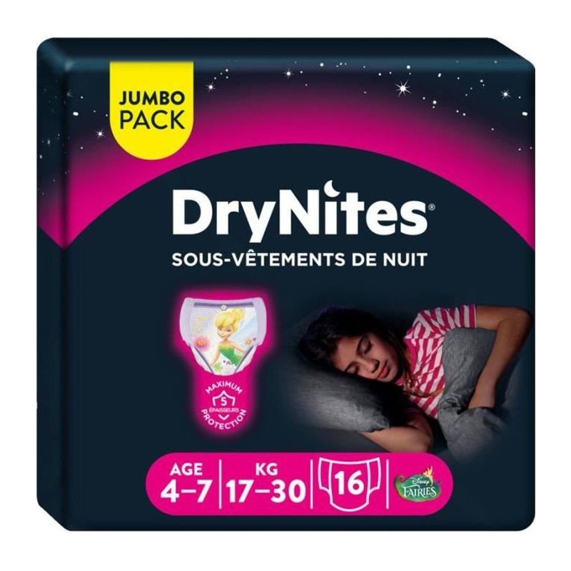 HUGGIES Culottes de nuit pour fille Drynite - 4 - 7 ans - 17 a 30 kg