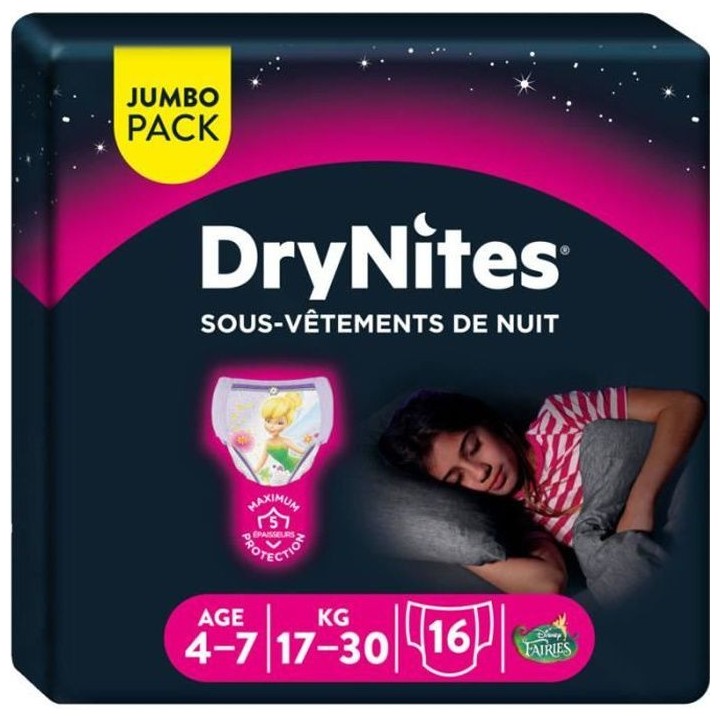 HUGGIES Culottes de nuit pour fille Drynite - 4 - 7 ans - 17 a 30 kg