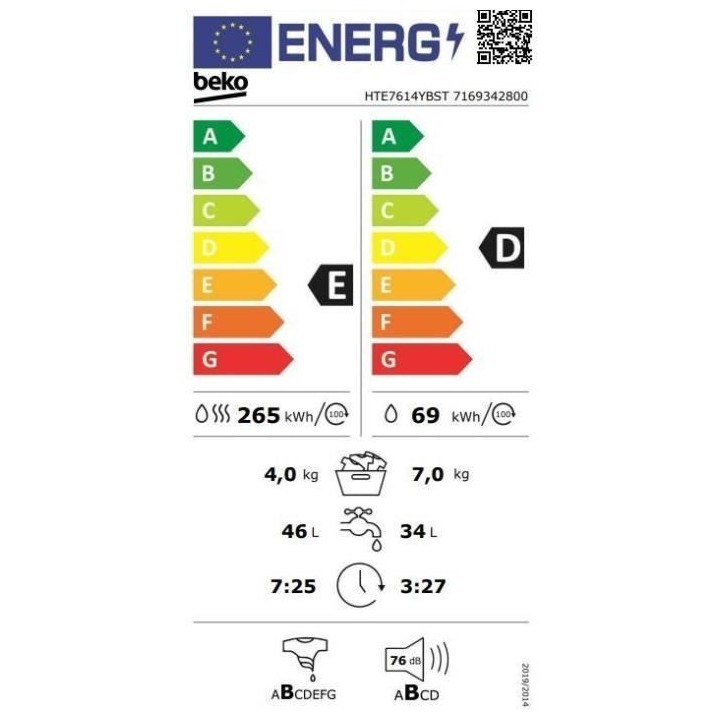 Lave-linge séchant BEKO HTE7614YBST - 7 / 4 kg - Induction - L60cm -