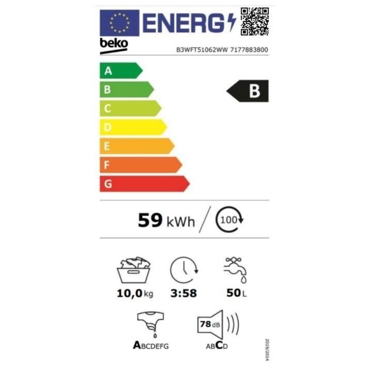 Lave-linge hublot BEKO B3WFT51062WW - 10 kg - Induction - L60cm - 1600